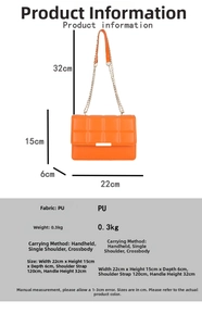 Detailed size chart for orange lattice pattern PU leather crossbody bag with chain strap