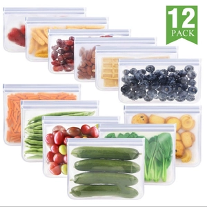 Detailed set of 12 reusable PEVA food storage bags filled with fresh fruit and vegetables