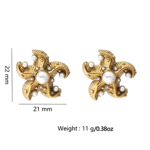 Starfish shaped pearl earrings in 18k gold finish with detailed size measurements