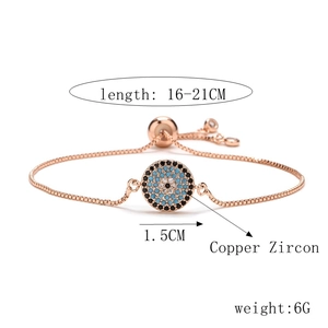 Close-up of rose gold evil eye bracelet showing length 16-21cm and size 1.5cm details