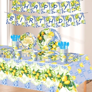 Lemon birthday party supplies with Mediterranean tiles, banners, plates, and tablecloth