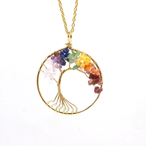 Detailed handmade Tree of Life pendant featuring colorful chakra stones and gold wire wrap