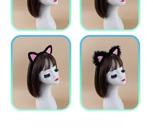 Detail of plush cat ear headband showing short and long faux fur textures in black and pink