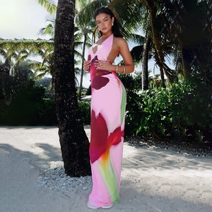 Vestito Maxi Halter Poliestere Spandex Stampa Floreale Schiena Scoperta Aderente Spiaggia Vacanza Sexy Senza Maniche Da Donna