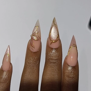 3D Relief Gold Line Press On Nails Cat Eye Gradient Nude Pink Long Almond Elegant Handmade Style False Nails