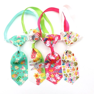 Detail of four Easter pet ties with adjustable buckles and rabbit egg patterns