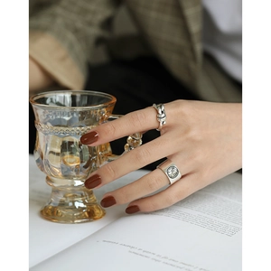Vintage S925 sterling silver coin portrait and twisted ring set for women in retro style