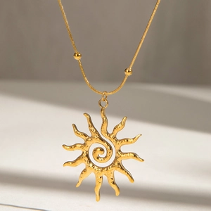 Minimalist 18k gold plated stainless steel sun pendant necklace with beaded chain