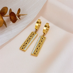 Hollow rectangular clip earrings for women with Greek key pattern and sparkling crystals