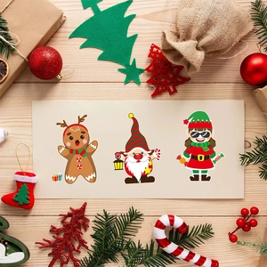 Christmas DIY stickers featuring gingerbread man and gnome characters on a festive background