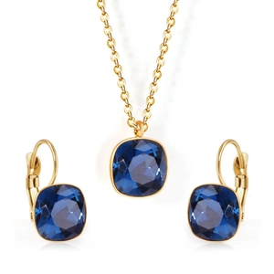 Detail of gold-plated necklace and earrings set featuring emerald-cut navy blue zircon