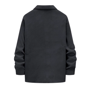 Rear view of dark grey heavy jacquard knitted jacket with textured lapel collar