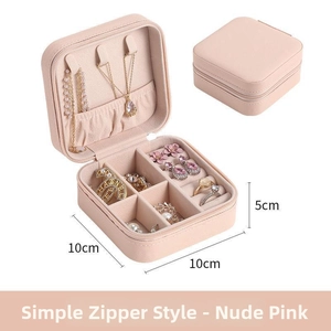 Compact 10x10x5cm nude pink PU leather jewelry box with interior compartments and zipper