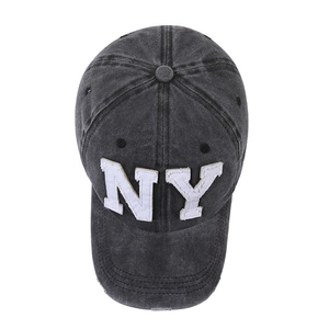 Distressed grey washed denim baseball cap with white NY embroidery and worn edge detail