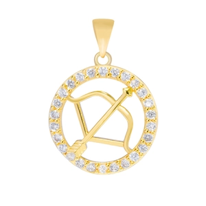 Detailed view of Sagittarius zodiac pendant in gold with sparkling white cubic zirconia
