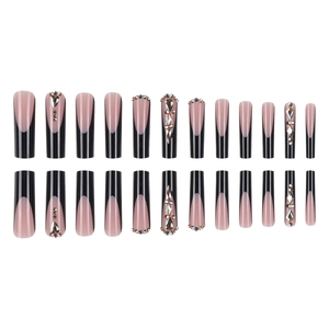 Faux ongles longs forme cercueil style français avec bordure noire et strass 24pcs