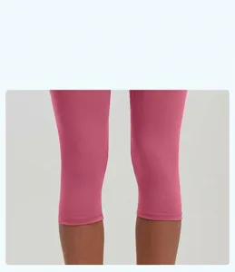 Detailed close-up of pink-purple yoga pants showing flat-lock stitching and high-elastic fabric