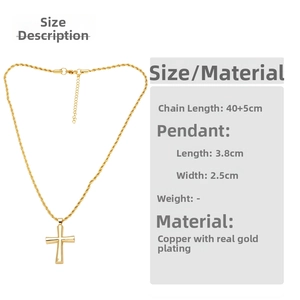Size chart showing dimensions of the gold cross pendant with a 45cm adjustable chain