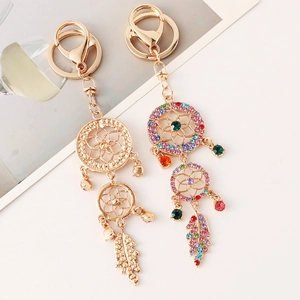 Sparkling rhinestone flower dreamcatcher keychain with metal feathers and bell charms
