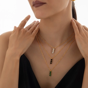 Three-layer gold titanium steel necklace with white, black and green zircon pendants