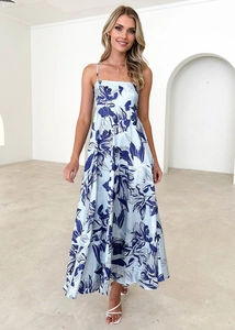 Detail of light blue bohemian maxi dress showing floral print and spaghetti straps