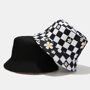 Checkerboard Daisy Floral Print Women Cotton Bucket Hat Double Sided Wearable Summer Sun Protection Wide Brim Basin Hat
