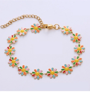 Bracelet ajustable en chaîne dorée avec charmantes marguerites en émail multicolore