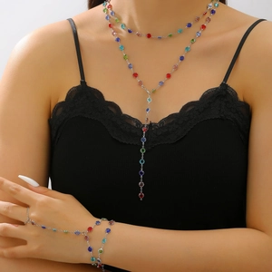 Chic Y-shaped necklace and finger bracelet set with colorful round gemstones in silver finish