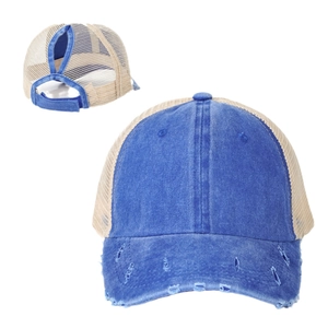 Blue washed cotton ponytail baseball cap with breathable mesh and distressed brim details