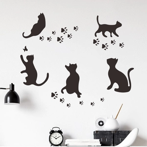 Black Cat Silhouette Wall Stickers Paw Prints Butterfly PVC Decals For Bedroom Living Room Decor Removable Mural
