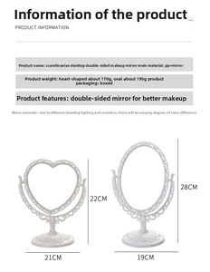 Detail view of pink heart-shaped double-sided makeup mirror with dimensions and PP base