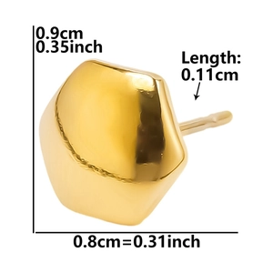 Technical macro view of gold-tone geometric stud earring with detailed size measurements