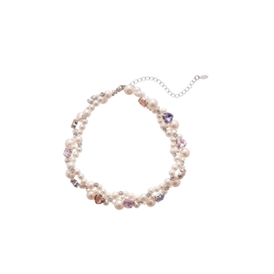 Elegant beaded pearl necklace featuring pink and purple heart crystal pendants