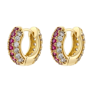 18K gold plated huggie earrings with sparkling red and white pavé cubic zirconia
