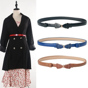 Women's adjustable thin belts with metallic bow buckle in black, blue, camel, and red