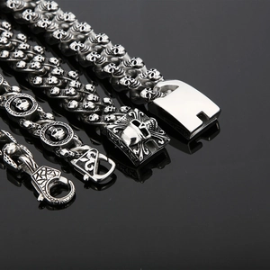 Retro stainless steel punk skull bracelets in double-row silver metal design for men