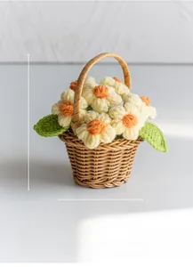 Handmade crocheted flower basket ornament with dimensions 14cm height and 9cm width