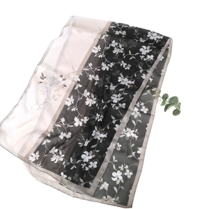 Floral print chiffon scarf in black and beige, lightweight beach shawl for women