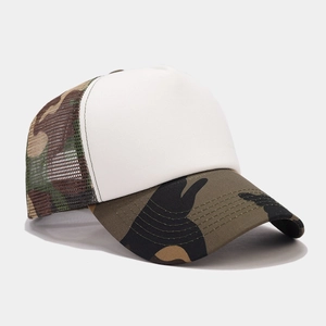 Detail view of mesh trucker hat with white front panel and jungle camo print