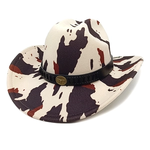Western Cowboy Hat Wide Brim Cow Leopard Print Polyester Felt With Bull Head Buckle Leather Band Retro Outdoor Travel