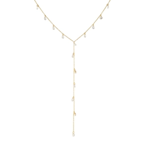 Golden stainless steel Y-shaped necklace featuring hanging water drop pendants
