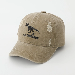 Detail of vintage khaki baseball cap with dinosaur skeleton embroidery and distressed fabric