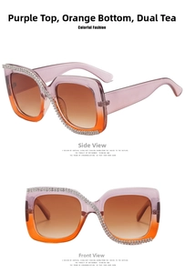 Macro detail of square rhinestone sunglasses with purple-orange gradient lenses