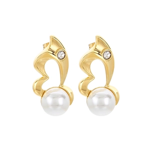 Elegant gold heart earrings featuring white pearls and crystals on a white background