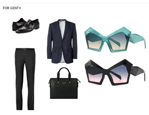 Men's business set with irregular sunglasses, dark navy blazer, and black leather shoes