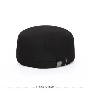 Detailed back view of the black winter flat cap showing the adjustable metal buckle strap