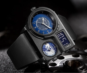 Macro detail of multi-timezone men's watch featuring a blue world map and digital display