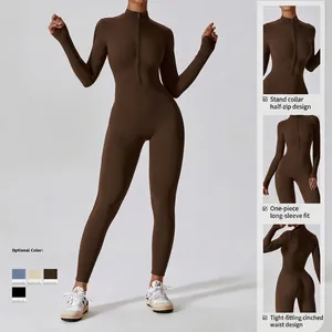 Women's long sleeve yoga jumpsuit with high neck zipper and slim fit athletic silhouette