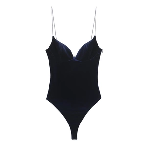 Fashionable dark blue velvet bodysuit for women with heart neckline and thin straps