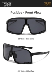 Front and 45-degree side views of black sports sunglasses with protective gray lenses